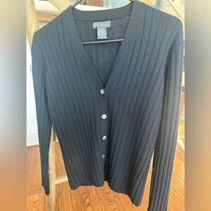 Banana Republic Black Ribbed V-Neck Button Down Cardigan Merino Wool size Medium